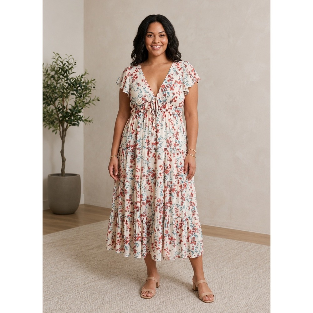 NWT Better Together Midi Dress Womens XL White Red Floral Cottagecore Boho